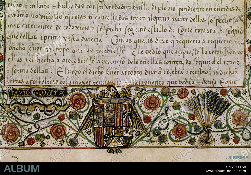 MSS 6923 VIT 6-5 MANUSCRITO PARA  LA FUNDACION DE UN MONASTERIO CON EL LEMA TANTO MONTA Y EL YUGO Y LAS FLECHAS.
