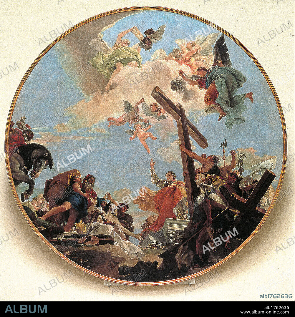 The Discovery of the True Cross and St Helena, by Giambattista Tiepolo, 1743 about, 18th Century, oil on canvas, 500 cm. Italy, Veneto, Venice, Accademia Art Galleries. All. Sky clouds angels St Helena men women cross horse military banners thurible books putti seraphes cherubes white azur yellow pink. Authorization required for non editorial use.