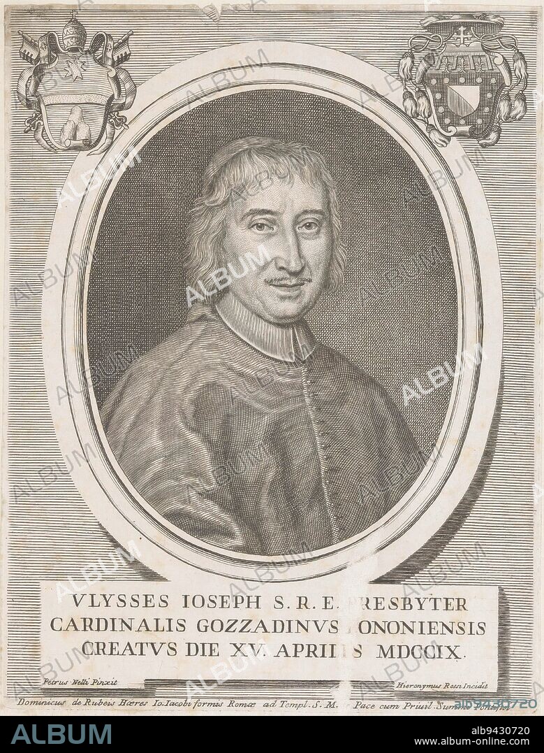 Portrait of cardinal Ulisse Giuseppe Gozzadini, print maker: Girolamo Rossi (II), (mentioned on object), after: Pietro Nelli, (mentioned on object), publisher: Domenico de'Rossi, (mentioned on object), print maker: Rome, after: Italy, publisher: Rome, Vaticaanstad, 1709 - 1762, paper, engraving, h 214 mm - w 164 mm.