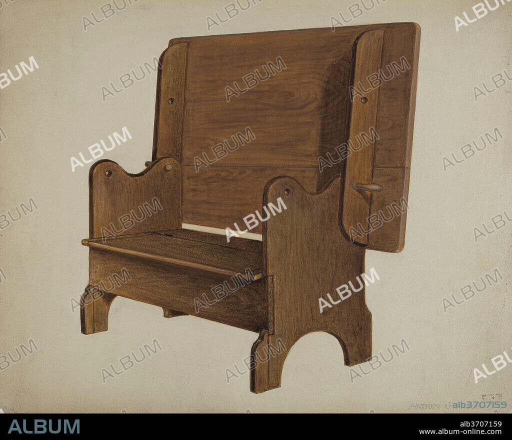 ARTHUR JOHNSON. Settle-table. Dated: c. 1936. Dimensions: overall: 23 x 28.6 cm (9 1/16 x 11 1/4 in.)  Original IAD Object: 121 cm. long; 74 cm. high; 74.5 cm. deep. Medium: watercolor, colored pencil, gouache, and graphite on paperboard.