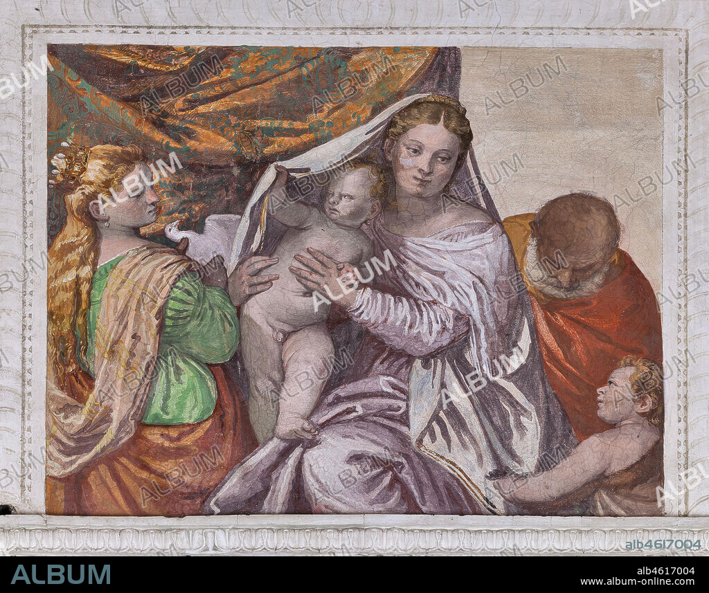 Maser, Villa Barbaro, the Room of the Little Dog, the Southern Wall, the lunette: Madonna with Infant Jesus and St. Catherine (who protected the Barbaros) who offers a dove to Jesus. Fresco by Paolo Caliari, known as Il Veronese, 1560 - 1561.