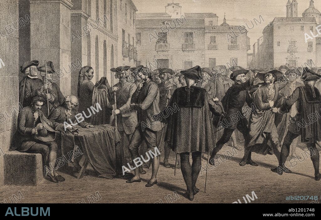 Origen del motín contra el marqués de Esquilache por parte de la población de Madrid, del 23 al 26 de marzo de 1766. Grabado de 1870.