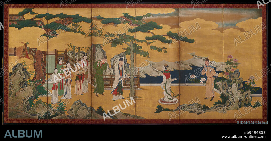 Emperor Ming Huang and Yang Guifei, around 1600, attributed to Kano Naganobu, Japanese, 1577 - 1654, 61 1/2 × 140 1/2 in. (156.21 × 356.87 cm) (image), Ink, color, and gold leaf on paper, 16th-17th century, The poem Song of Everlasting Sorrow (Changhen ge), by Chinese poet Bai Juyis (772846), tells the story of Emperor Xuanzong (685762; reigned as Emperor Minghuang) and his breathtakingly beautiful favorite concubine Yang Guifei (719756). This painting shows Guifei dancing at right in front of the emperor and several attendants. A rebellion in 755 forced the emperor to flee the capital, and angry imperial guardsbelieving that Yang Guifei was responsible for Xuanzongs neglect of state affairsdemanded her execution and put her to death. Xuanzong abdicated the throne shortly thereafter, triggering the decline of the dynasty. This tragic love affair became a popular subject among Kano painters like Kano Naganobu (15771654), who moved his branch of the Kano House to the capital, Edo (present-day Tokyo), in 1605 and became the first Kano painter to serve as painter-in-attendance to the Tokugawa shoguns.