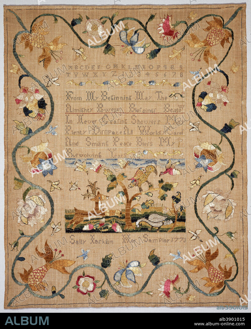 EMBROIDERED BY SALLY JACKSON. Sampler. Date/Period: 1771. Textiles. Linen plain weave, embroidered with silk in cross, split, French knot and stem stitches. Height: 300 mm (11.81 in); Width: 200 mm (7.87 in).
