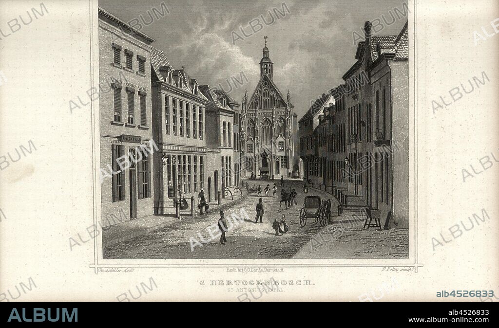 ’S Hertogenbosch, Street view in s-Hertogenbosch, signed: Chr. Schuler (del.); F. Foltz (sculp.), After p. 546, p. 857, Schuler, Chr. (del.); Foltz, F. (sculp.), 1863, Der Rhein und die Rheinlande in malerischen Original-Ansichten: Abtheilung 3, Section 2 / Holland. Darmstadt: Druck und Verlag von Gustav Lange, 1863.