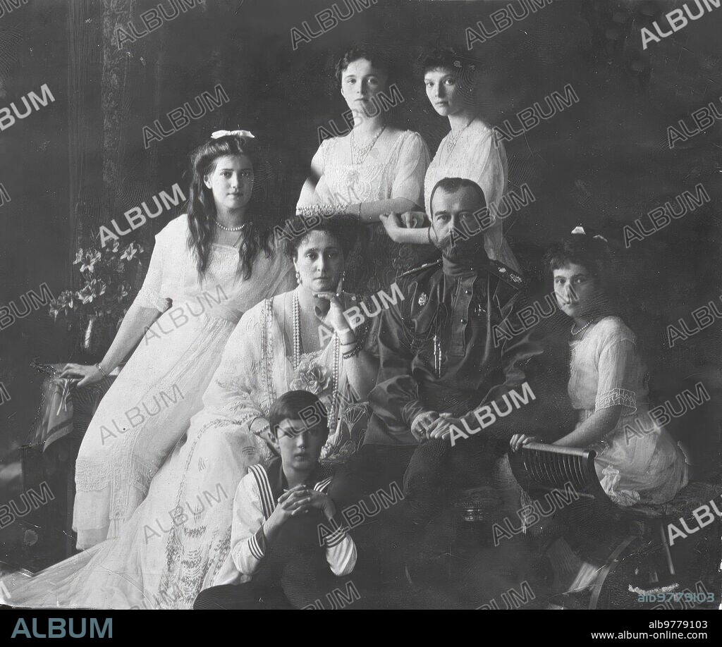 08/22/1917. The Imperial Family: by Ida. to right Grand Duchess Maria, Grand Duchess Olga and Grand Duchess Tatiana; seated, Tsarina Alexandra Fedorovna, Tsar Nicholas ll and Grand Duchess Anastasia; sitting at the feet, the Tsarevich Alexei.