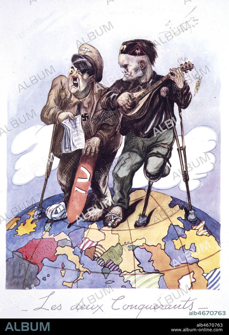 'Les deux conquerants !' : caricature d'HITLER (1889-1945) et MUSSOLINI (1883-1945) parcourant l'Europe en clochard publiee dans la brochure 'Les conquerants et souvenirs d'evasions' par SOCRATE. Credit : Collection KHARBINE-TAPABOR.