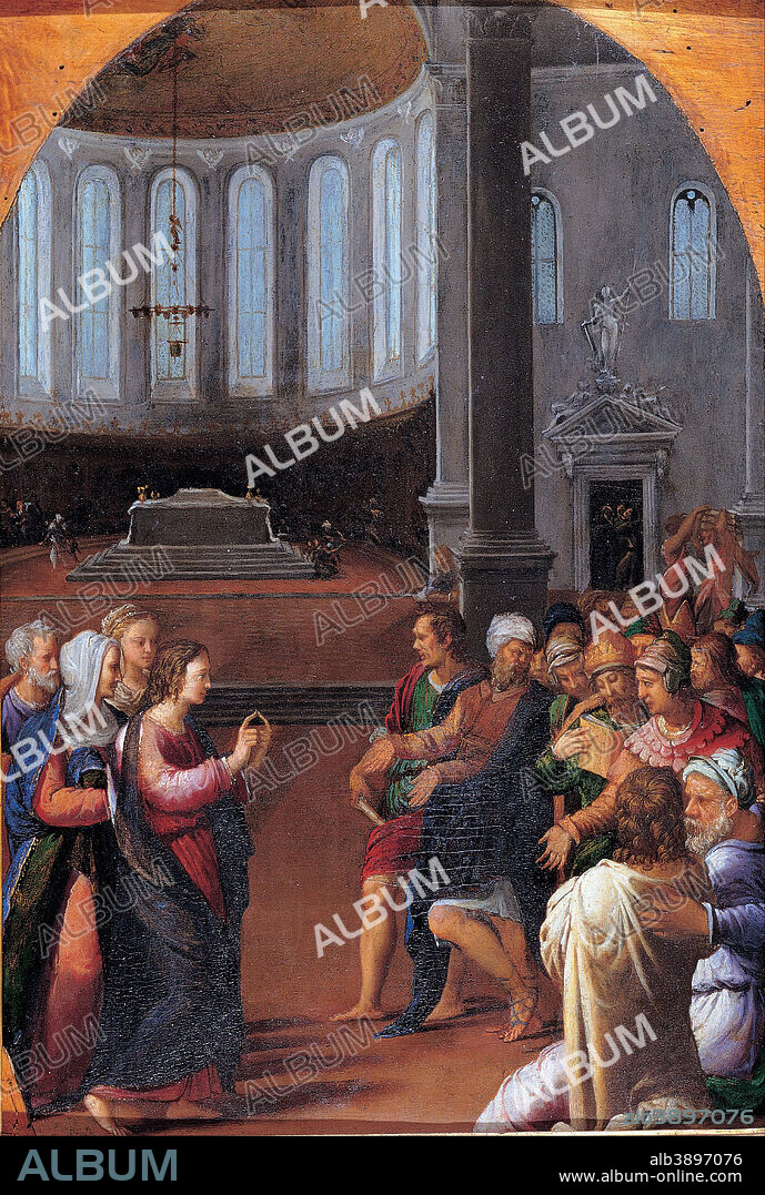 CAMILLO FILIPPI (CREDITED). Christ among the doctors. Date/Period: 1550. Oil on wood. Wood. Height: 470 mm (18.50 in); Width: 330 mm (12.99 in).