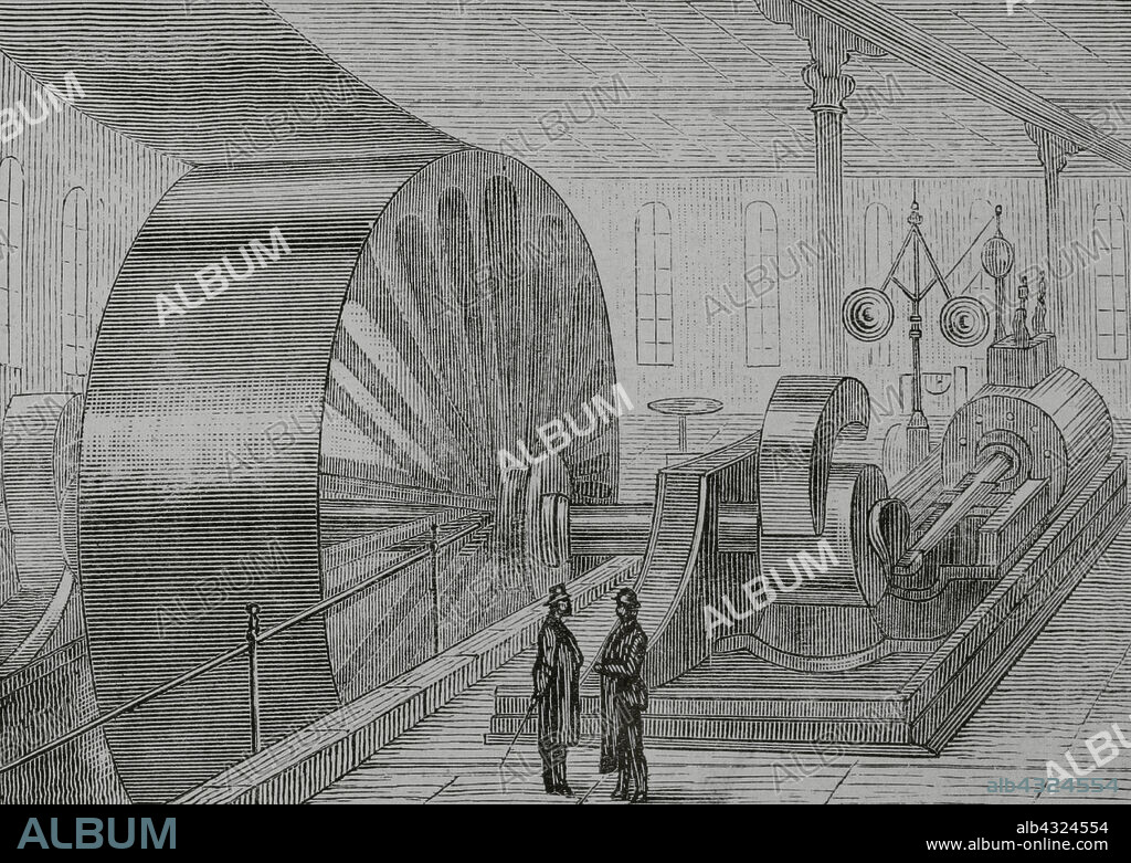 THEODOR VOLZ (1850-1916). GERMAN ARTIST.. Alemania. Renania del Norte-Westfalia. Distrito de Lippe. Bad Salzuflen. Fábrica de almidón de arroz de E. Hoffmann y Compañía, fundada en 1852. Sala de las máquinas de vapor. Máquina de vapor con una potencia de 600 caballos de vapor. Dibujo del natural por Theodor Volz. Grabado. La Ilustración Española y Americana, 1884.