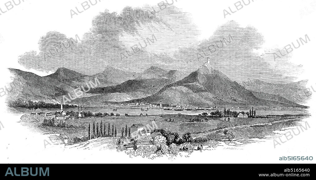 EBENEZER LANDELLS. The Seven Mountains and Drachenfels, from Godenberg, 1845. 'The village of Godenberg [in Germany] is one of the most charming places of summer residence on the Rhine; and its Castle Keep, on the summit of the hill, commands one of the most beautiful prospects on the river. The group of hills called the Seven Mountains, in reality, are more than seven in number, and form a grand commencement to the beautiful scenery of the Rhine; they are the highest and wildest hills on its banks...the loftiest, Owelberg, is 1453 feet high. The most interesting of the whole group, from its shape and position, but more than all from the verses of Byron, is the famed Drachenfels (Dragon Rock), whose precipices rise abruptly from the river-side, crowned with a ruin...'. From "Illustrated London News", 1845, Vol VII.