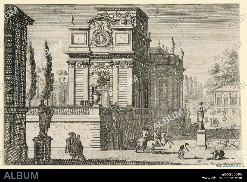A park of a castle, Jean Le Pautre, French, 16181682, Etching, Angle view of a park terrace with a casino, center. Two workment work on the bottom road before a garden pasture, right foreground. Two riders are near them. Address, bottom right: van Merlen Avec Priulege, France, ca. 1650, Print, Print.
