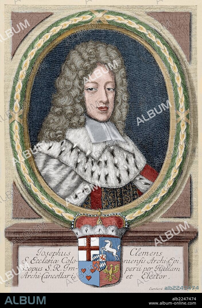 LEONARD HECKENAUER II. JOSE CLEMENTE DE BAVIERA (1671-1761). Arzobispo de Colonia. Facsímil de un grabado de Leonardo Hecknauer (muerto en 1704). Grabado coloreado de "Historia Universal", 1885.