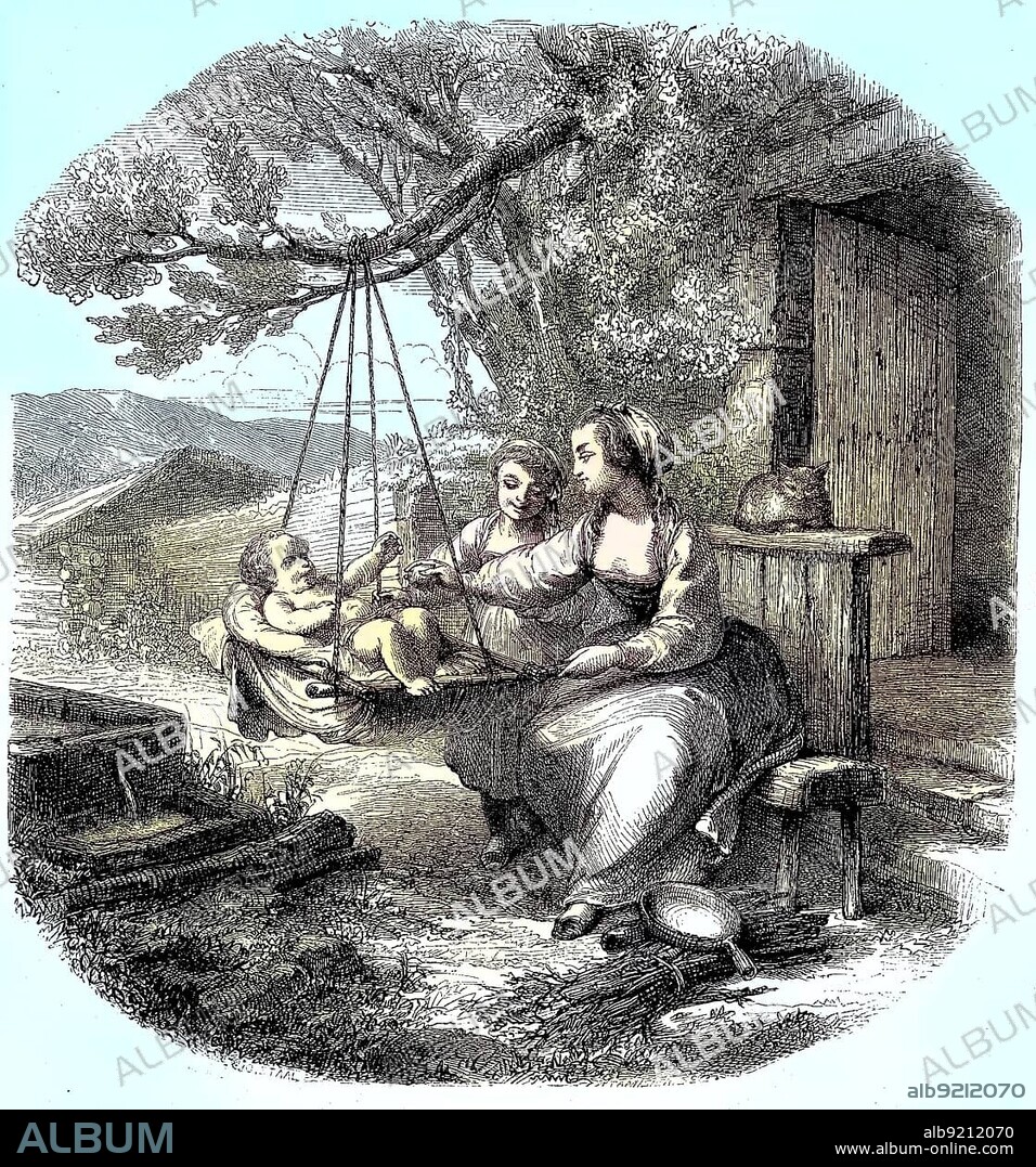 Baby in a cradle on a branch, mother and daughter sitting on a bench rocking the infant, c. 1880, Historic, digitally restored reproduction of a 19th century original.