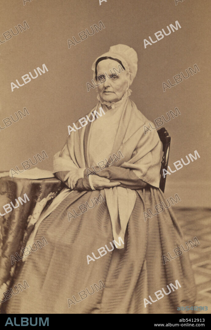 Lucretia Coffin Mott (January 3, 1793 - November 11, 1880) was an American Quaker, abolitionist, women's rights activist, and social reformer. In 1833, her husband helped found the American Anti-Slavery Society.  In 1848 Mott and Stanton organized a women's rights convention at Seneca Falls, New York. After the Civil War, Mott was elected the first president of the American Equal Rights Association, an organization that advocated universal suffrage. She seldom wrote anything for publication. Yet her speaking abilities made her an important abolitionist, feminist, and reformer. Photographed by Frederick Gutekunst, 1862 (cropped and cleaned).