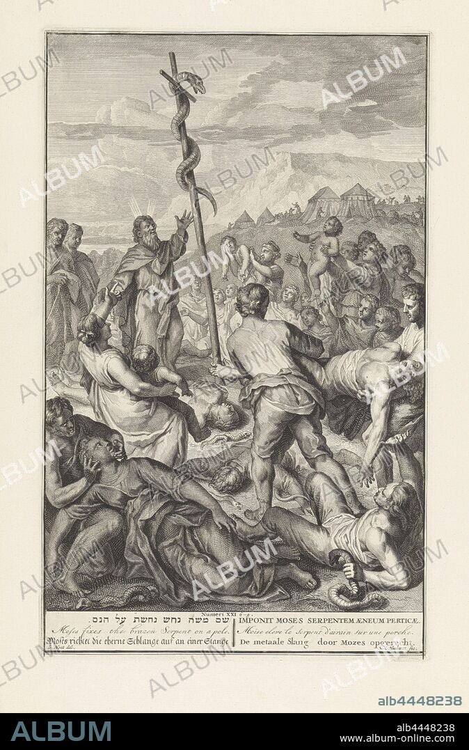 Moses and the copper snake, In the center the copper snake mounted on a stake. To the left is Moses. Around the copper snake men, women and children, who have been bitten by poisonous snakes and look up at the copper snake to stay alive. Right behind the tent camp of the Israelites. With a reference to Num. 21: 6-9 and the title of the print in Hebrew, English, German, Latin, French and Dutch, anyone who is bit by a snake is cured by looking at the brazen serpent, the serpent (or dragon) is usually depicted on a tau-shaped cross or on a pillar, Cornelis Huyberts (mentioned on object), Amsterdam, 1720 - 1728, paper, etching, h 354 mm × w 219 mm.