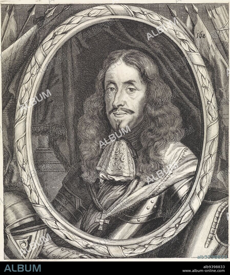 Portrait of Leopold William of Austria, dressed in armor and holding cross on chest Around the frame armor and parts of a suit of armor At the bottom in the margin his name and function in Italian Numbered at upper right: 162, Portrait of Leopold William of Austria, print maker: Franciscus van der Steen, (mentioned on object), intermediary draughtsman: Jacob Toorenvliet, (mentioned on object), publisher: Giovanni Battista Hacque, (possibly), Vienna, 1670 - 1674, paper, engraving, h 247 mm × w 186 mm.