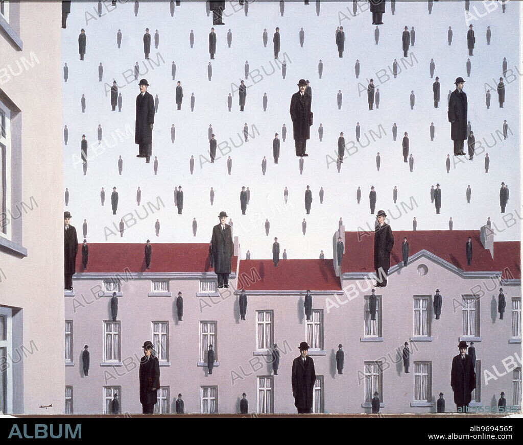 RENÉ MAGRITTE. Rene Magritte.. Golconde 1953. The Menil Collection, Houston.. An exhibition of Magritte's work will be on at the Dean Gallery until March 2000.
