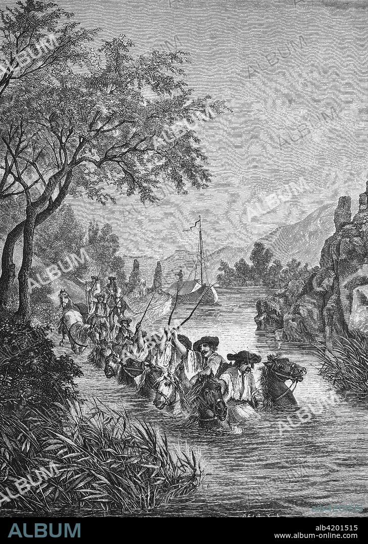 Hungarian Schiffszieher, ship pulling, in a river branch of the Danube near Hainburg, Austria, Reproduction of an original woodcut from the year 1882, digital improved.