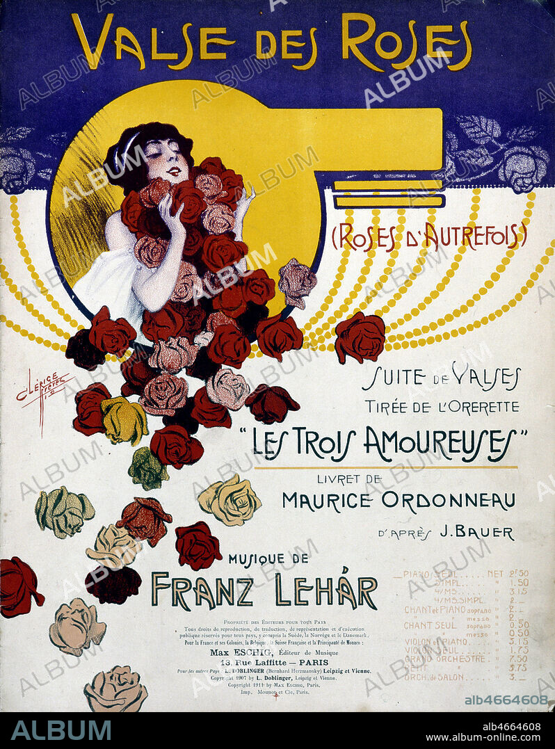 'Valse des roses, suite de valses tiree de l'operette Les Trois Amoureuses, livret de Maurice ORDONNEAU, musique de Franz LEHAR', couverture de partition de 1912 illustree par Charles CLERICE (1865-?). Credit : Collection Grob/KHARBINE-TAPABOR.