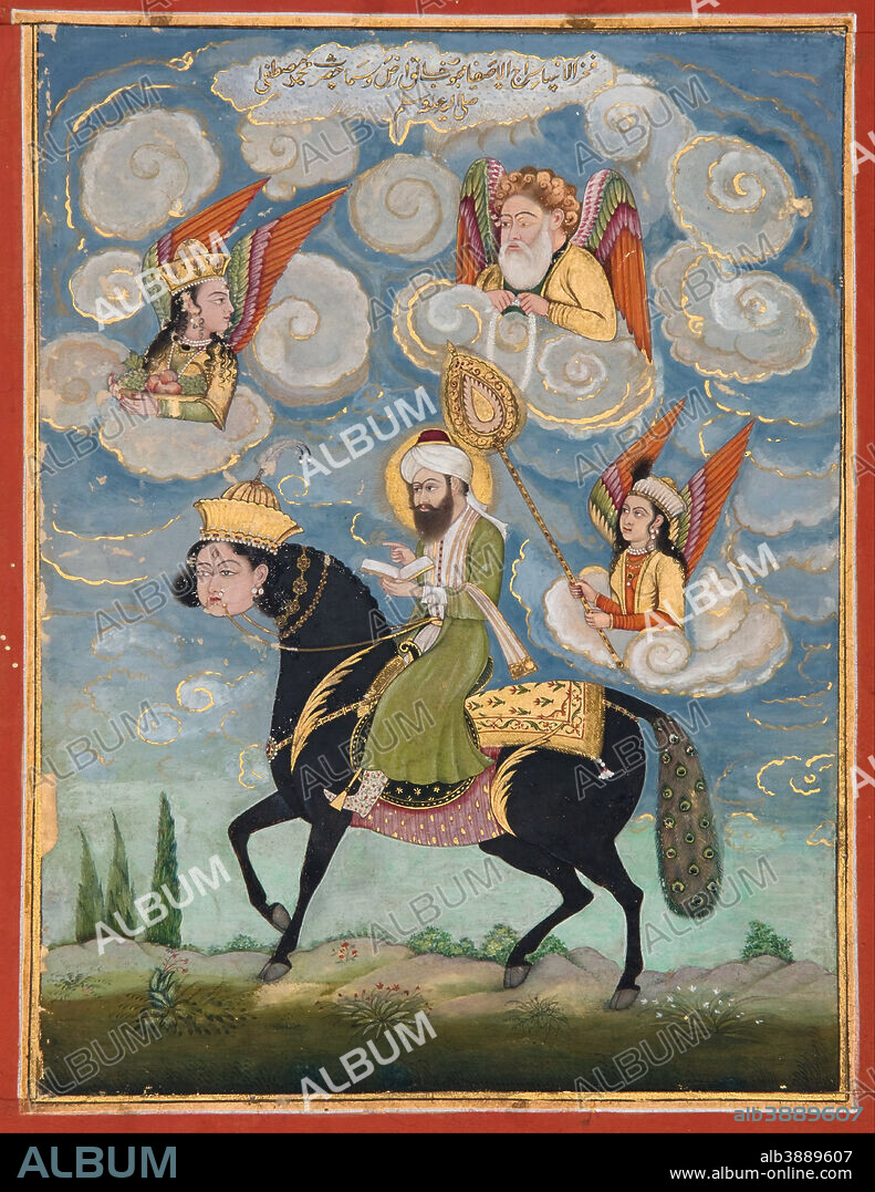UNKNOWN. Portrait of the Prophet Muhammad riding the buraq steed. Date/Period: 18th century. Painting. Gouache, gold leaf on paper. Height: 177 mm (6.96 in); Width: 109 mm (4.29 in).