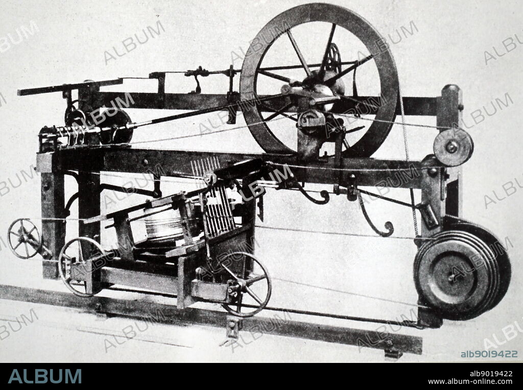 Illustration showing the spinning-mule invented by Samuel Crompton in 1779. It incorporated the principles of the machines invented by Arkwright and Hargreaves, but had distinctive features that enabled it to produce a finer yarn.