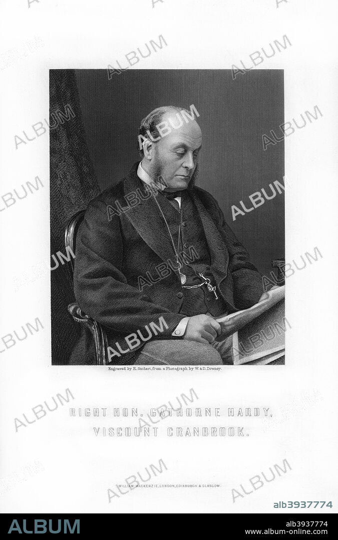 Gathorne Gathorne-Hardy, 1st Earl of Cranbrook, English politician, 1881. Hardy (1814-1906) first entered Parliament as a Conservative member for Leominster in 1856. In 1865 he enjoyed the distinction of defeating William Gladstone in winning the parliamentary seat of Oxford. He served in various ministerial posts in Conservative governments between 1866 and his retirement from public life in 1892, at which time he was made an Earl. An engraving from Alexander Charles Ewald's The Right Hon Benjamin Disraeli, Earl of Beaconsfield, and His Times, William Mackenzie, (London, 1881).