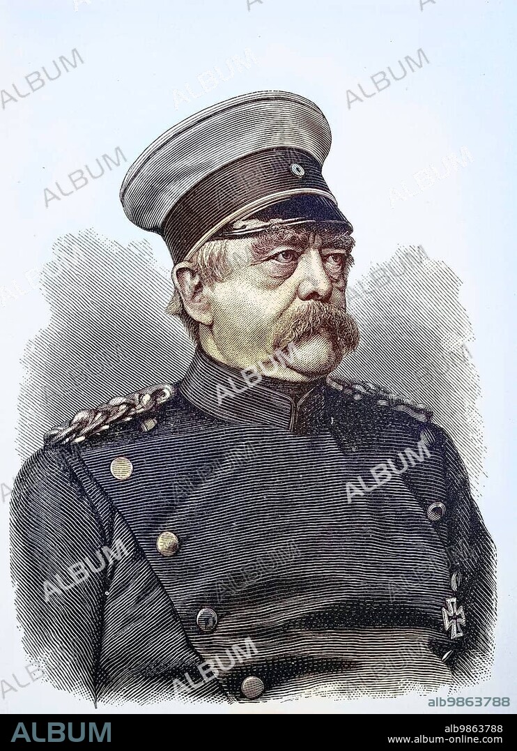 Portrait of Otto Eduard Leopold Prince of Bismarck, Duke of Lauenburg, 1 April 1815, 30 July 1898, known as Otto von Bismarck, was a conservative Prussian statesman who dominated German and European affairs from the 1860s to 1890 and was the first Chancellor of the German Empire between 1871 and 1890, digital improved reproduction of an original 19th century print