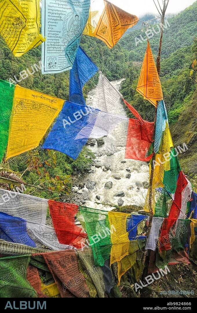 Colorful buddhist prayer flags in Arunachal Pradesh; India; Asia.