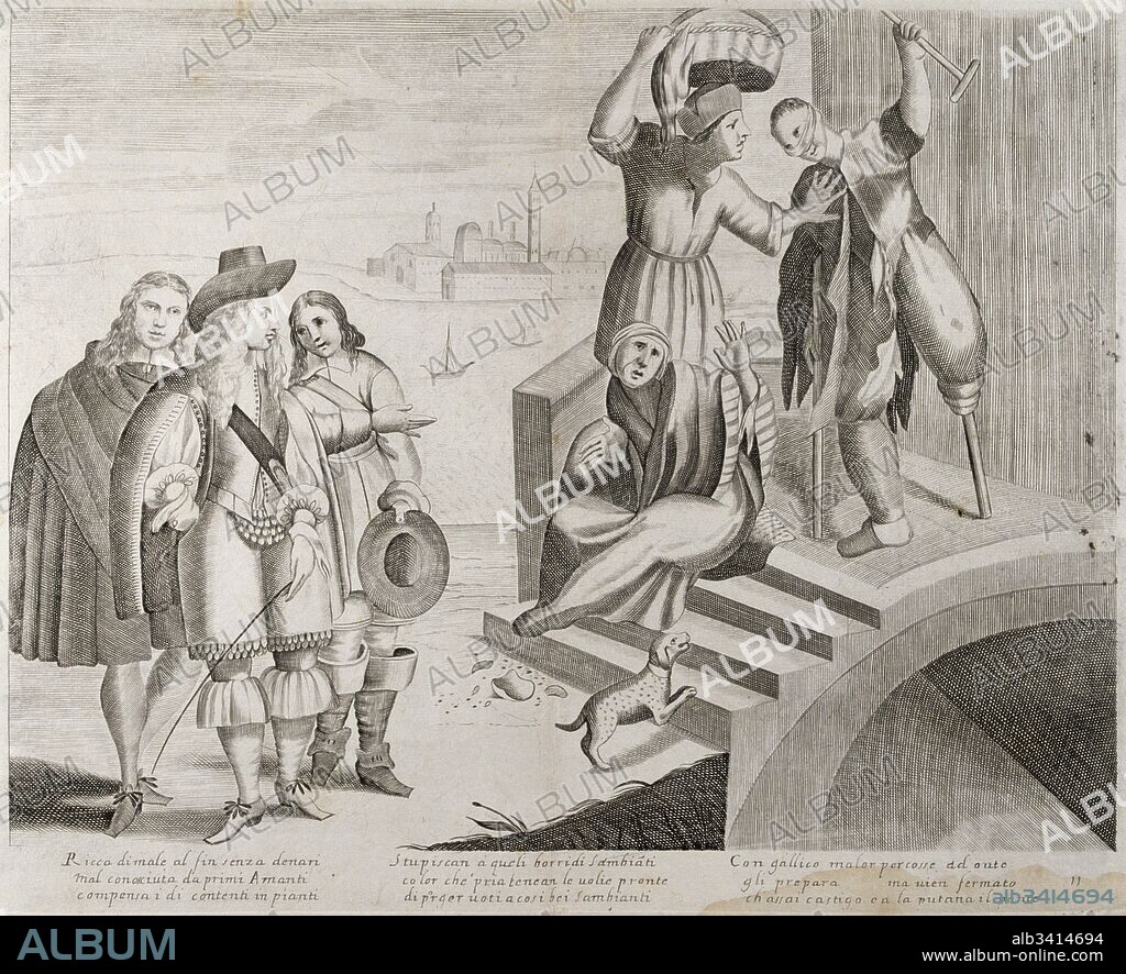 17th century illustration by Joseph Lunghi, from the series 'Life of the Whore' circa 1680.