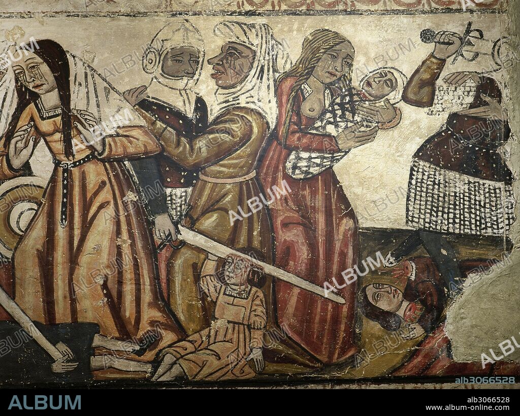 "LA MATANZA DE LOS INOCENTES". Detalle de las pinturas murales fechadas en el siglo XIV, situadas en la nave central de la CATEDRAL DE MONDOÑEDO. Provincia de Lugo. Galicia. España.