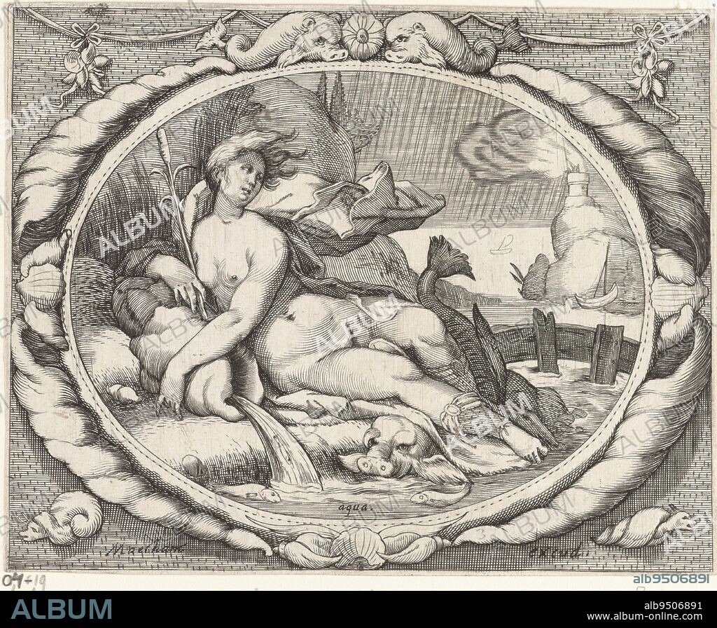 The personification of the element water (aqua): a female figure lying by a stream with fish. Next to her is a shell from which water is flowing. In the background a sky with rain and two boats. First print from a series of the four elements, Water (Aqua) Aqua The four elements , print maker: Jacob Matham, (workshop of), intermediary draughtsman: Jacob Matham, publisher: Jacob Matham, (mentioned on object), Haarlem, 1606 - 1610, paper, engraving, h 119 mm × w 148 mm.