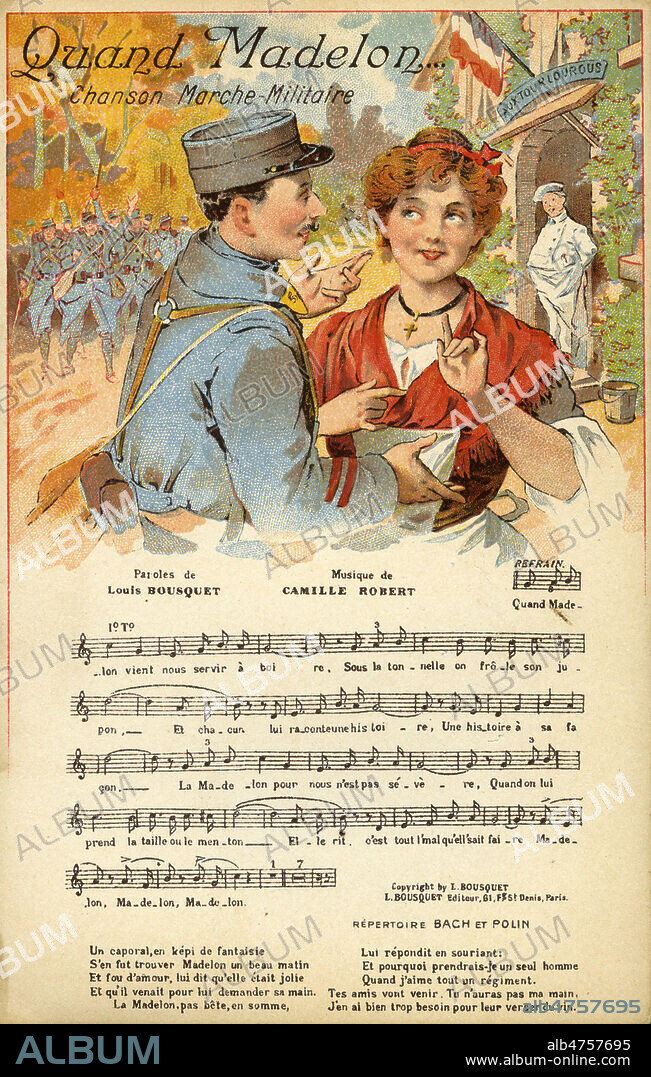 Partition de la chanson 'Quand Madelon...', marche militaire de Louis Bousquet et Camille Robert. Illustration anonyme pour une carte postale vers 1920. Credit : Collection IM/KHARBINE-TAPABOR.