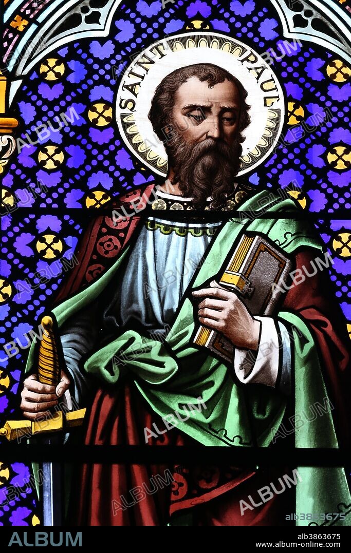 Lans en Vercors church. Stained glass window. Saint Paul the apostle. France.