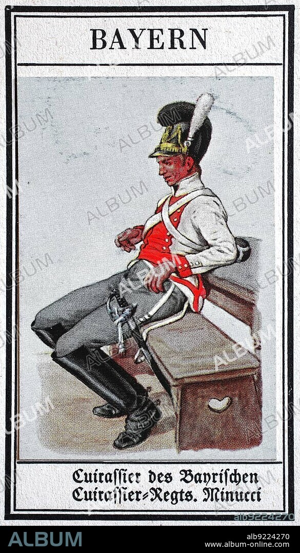 German Uniforms of the 19th century, Lines, Cavalry: Bavaria, Curassier of the Bavarian Cuirassier (armoured troop type of heavy cavalry) -Regiment Minucci, Historical, digitally restored reproduction of a public domain collector's picture from the early 20th century.