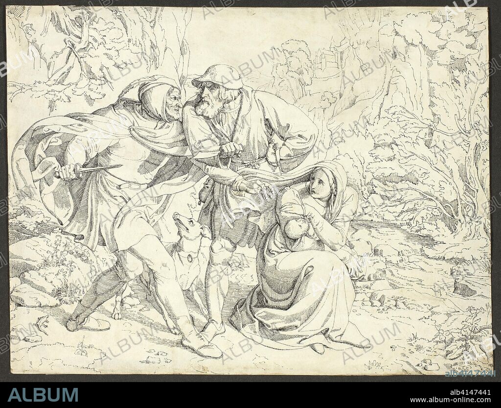 JOSEF VON FüHRICH. Genoveva's Murderers Take Pity. Joseph Ritter von Führich; Bohemian, 1800-1876. Date: 1825-1835. Dimensions: 234 × 307 mm. Pen and black ink, over traces of graphite, on ivory wove paper, partially laid down on ivory wove paper. Origin: Bohemia.