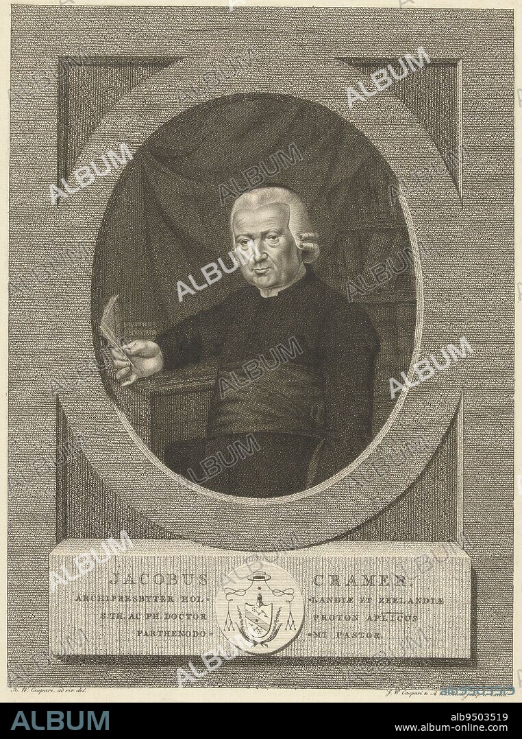 Portrait in oval frame of Jacobus Cramer, pastor of the R.K. Maagdenhuis, archpriest of Holland and Zeeland and chaplain to King Louis Napoleon. Cramer is wearing the bishop's robe and is seated behind his desk with bust to the left. He holds a pen in his right hand. In the background a bookcase. The print has a Latin caption with the name of the person portrayed., Portrait of Jacobus Cramer, print maker: Jan Willem Caspari, (mentioned on object), print maker: Antonie van der Beek, (mentioned on object), intermediary draughtsman: Hendrik Willem Caspari, (mentioned on object), Amsterdam, 1789 - 1822, paper, etching, h 368 mm × w 276 mm.