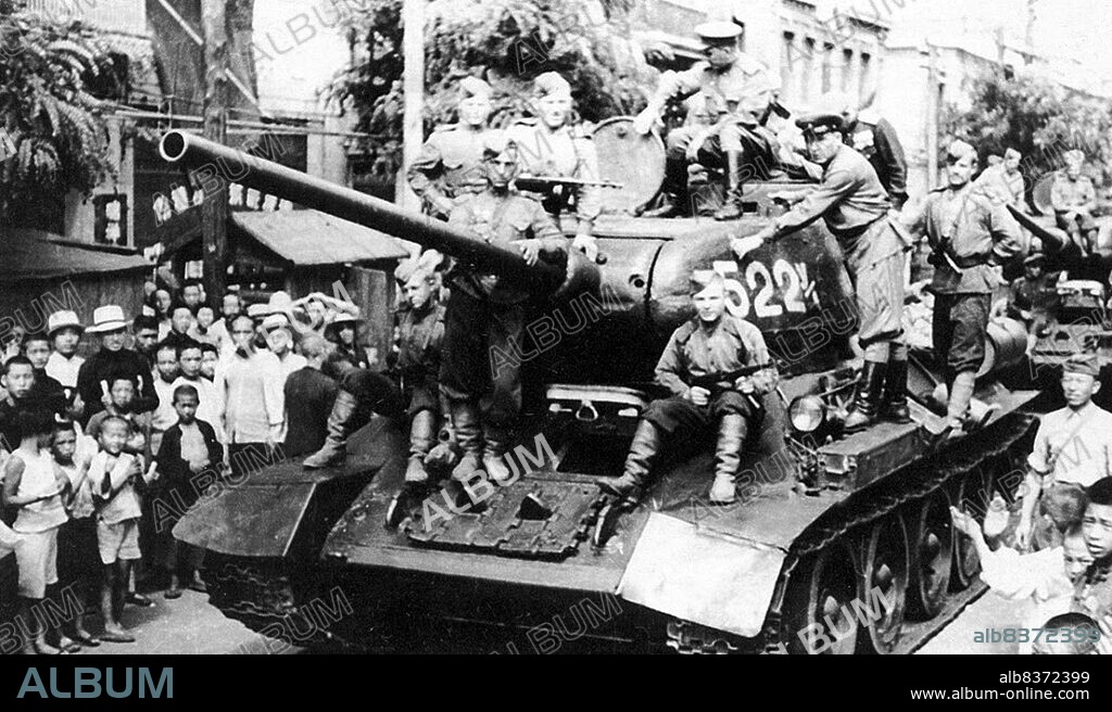 Soviet troops liberated the Chinese port city of Dalian from Japanese occupation in August, 1945, as part of the Manchurian Strategic Offensive.<br/><br/> . The campaign began on 9 August 1945, with the Soviet and Mongolian invasion of the Japanese puppet state of Manchukuo in northeastern China and was the largest campaign of the 1945 Soviet-Japanese War, which resumed hostilities between the Soviet Union and the Empire of Japan after almost six years of peace.<br/><br/> . The rapid defeat of Japans Kwantung Army has been argued to be a significant factor in the Japanese surrender and the end of World War II, as Japan realized the Soviets were willing and able to take the cost of invasion of its Japanese Home Islands, after their rapid conquest of Manchuria and southern Sakhalin. Harbin, Heilongjiang, Republic of China. August 1945.
