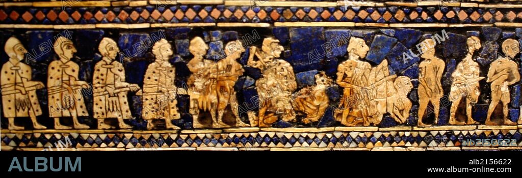 From the Standard of Ur (war side). Sumerian artefact (circa 2600 BC) excavated from the royal tomb in the city of Ur in the 1920's. South of what is now Baghdad in Iraq. It is an historical account of ancient warfare, and shows a king, prisoners, soldiers and animals. (Photo by: Universal History Archive/UIG via Getty Images).