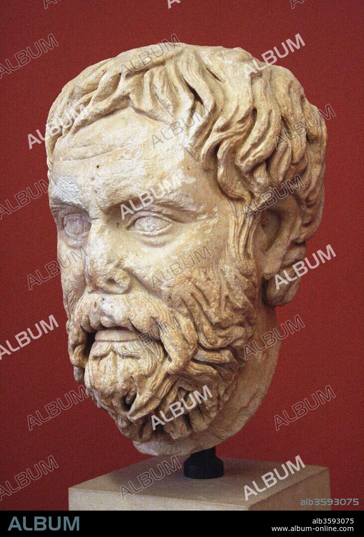 CLASSICAL SCULPTURE ART OF ANCIENT ROME. Head of Pyrrho of Elis (Roman copy from a Greek Original).