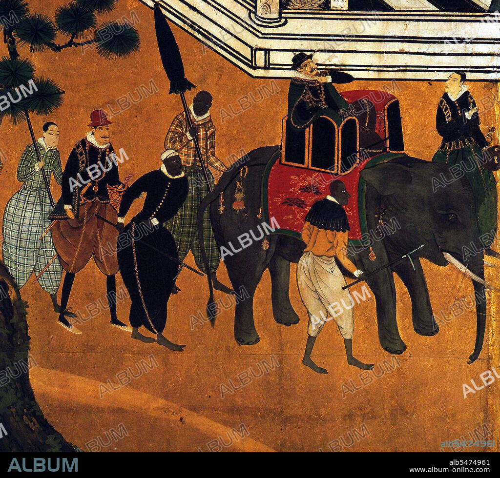 Kani Naizen (1570 - 1616) was a Japanese painter of the Kani school, particularly known for his screen paintings (byi bu) of Namban (Southern Barbarians, i.e. Europeans). The Nanban trade (Nanban bi eki, 'Southern barbarian trade') or the Nanban trade period (Nanban bi eki jidai, 'Southern barbarian trade period') in Japanese history extends from the arrival of the first Europeans - Portuguese explorers, missionaries and merchants - to Japan in 1543, to their near-total exclusion from the archipelago in 1614, under the promulgation of the 'Sakoku' Seclusion Edicts.