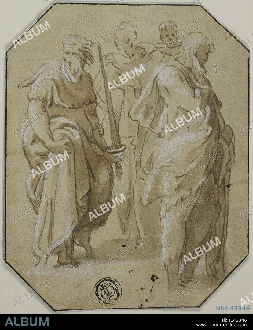 THE ELDER CONTE ANTONIO MARIA ZANETTI. Saint Paul and Three Other Standing Figures. Attributed to Count Antonio Maria Zanetti the Elder (Italian, 1679-1767); after Francesco Mazzola, called Il Parmigianino (Italian, 1503-1540). Date: 1779-1799. Dimensions: 112 x 89 mm (max.). Pen and brown ink with brush and brown wash, heightened with white gouache, over traces of graphite, on cream laid paper, laid down on blue laid paper. Origin: Italy.