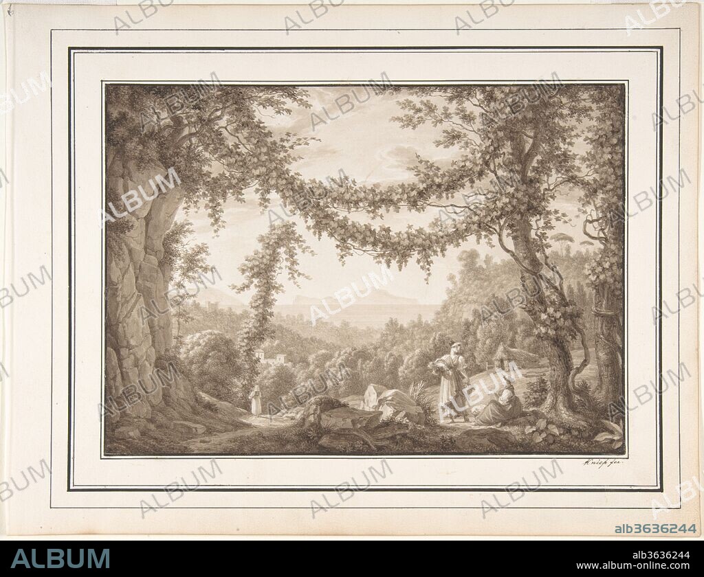 Grape Harvest at the Gulf of Naples. Artist: Christoph Heinrich Kniep (German, Hildesheim 1755-1825 Naples). Dimensions: sheet: 6 x 8 7/16 in. (15.3 x 21.4 cm). Date: 1770-1825.