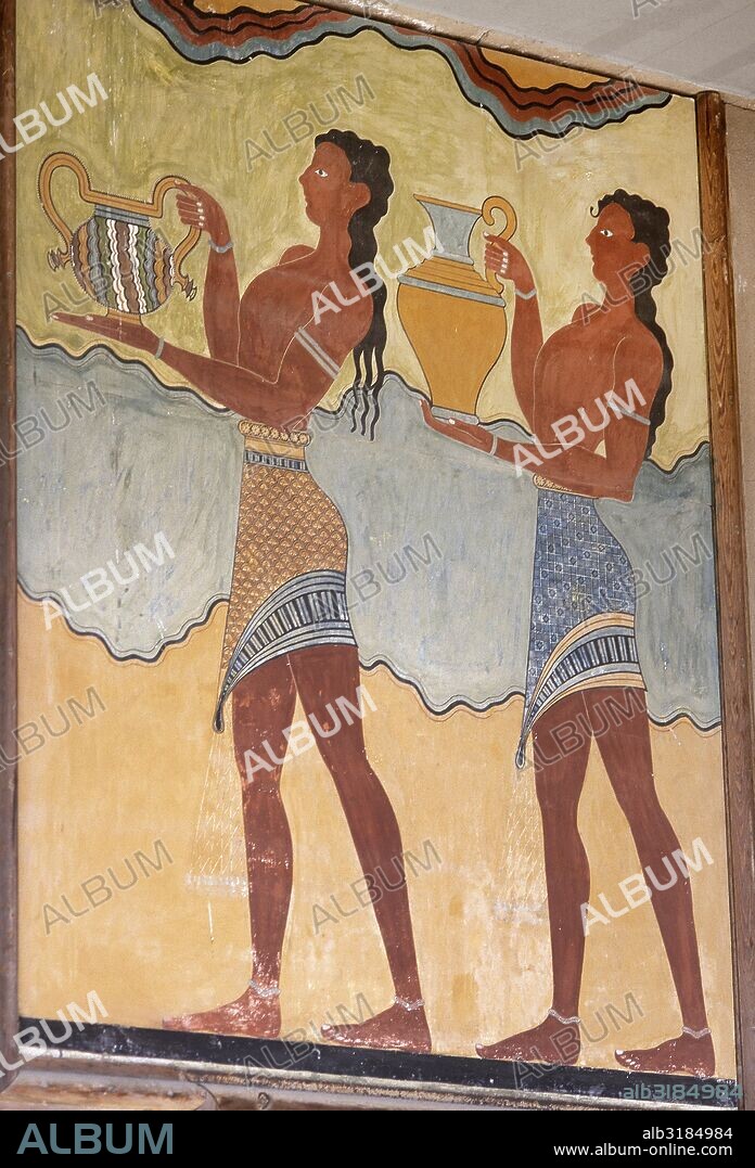 Palace of Knossos (1700-1450 BC). Reproduction of a fresco depicting two young men transporting cups. South Propylaeum. Crete, Greece.
