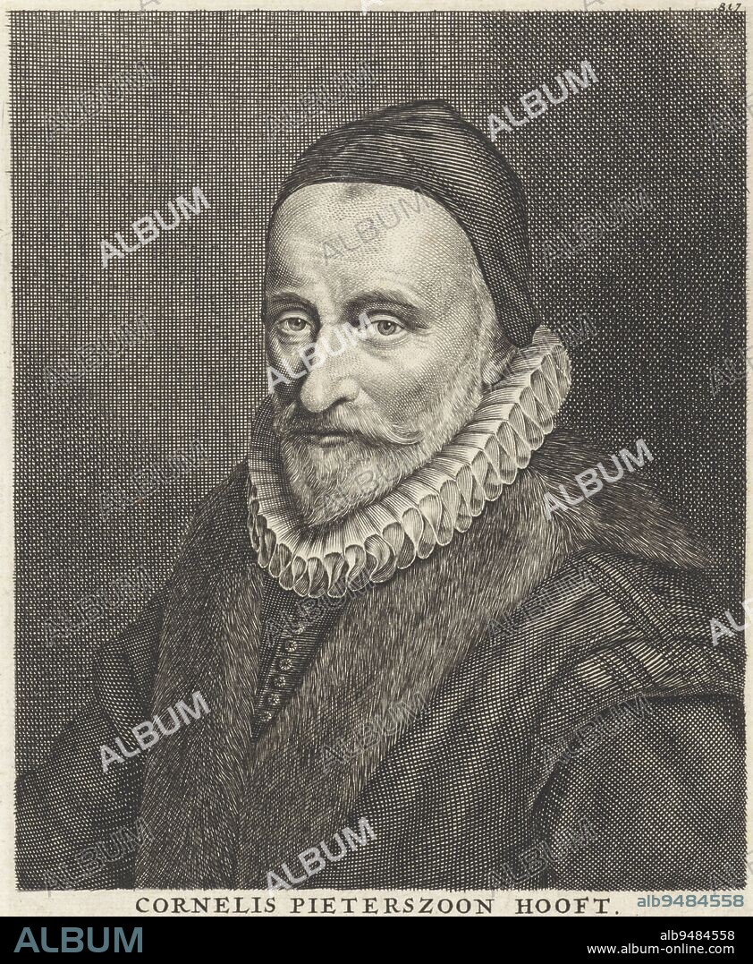 Portrait of Pieter Corneliszoon Hooft, Pieter Sluyter, 1696 - 1713, Portrait of Pieter Corneliszoon Hooft. Below the portrait eight lines of verse in Dutch., print maker: Pieter Sluyter, Geeraert Brandt (I), (mentioned on object), Amsterdam, 1696 - 1713, paper, engraving, etching, h 172 mm × w 119 mm.