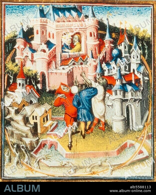 ANONYM. Dido, sagenhafte Gründerin Karthagos. Dido und Äneas in Karthago, das von einer zerschnittenen Kuhhaut umgrenzt ist. Buchmalerei, französisch, Pariser Atelier, um 1402. Aus: Des cleres et nobles femmes (französische Übersetzung des "Opus de claris mulieribus" von Giovanni Boccaccio). Auf Pergament. Ms. français 598, fol. 61 v, Paris, Bibliothèque Nationale.