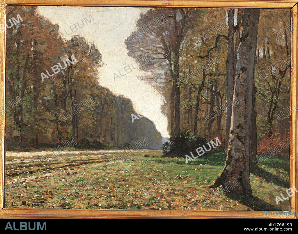 The Road to Chailly, by Claude Monet, 1865 about, 19th Century, oil on canvas, cm 43,5 x 59. France, Ile de France, Paris, Muse dOrsay, RF1672. All. The Road to Chailly green road plants green trunk field wood forest.