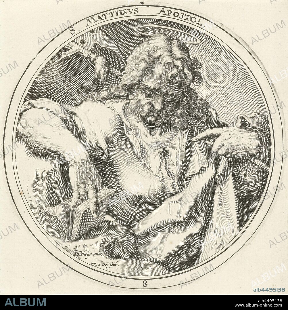 Saint Matthew Christ, the apostles and Saint Paul (series title), the apostle and evangelist Matthew (Matthew), possible attributes: angel, ax, book, halberd, pen and inkhorn, purse, scroll, square, sword, Zacharias Dolendo (mentioned on object), Leiden, c. 1596, paper, engraving, d 150 mm.