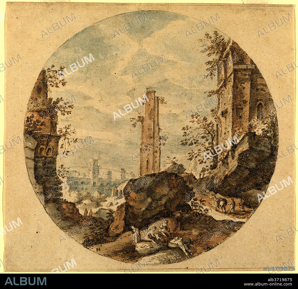 PIETER STEVENS. Travellers among Roman Ruins. Dimensions: sheet: 21.1 x 23.6 cm (8 5/16 x 9 5/16 in.)  image (diameter): 19.8 cm (7 13/16 in.). Medium: pen and brown ink with red-brown and blue wash, incised for transfer.