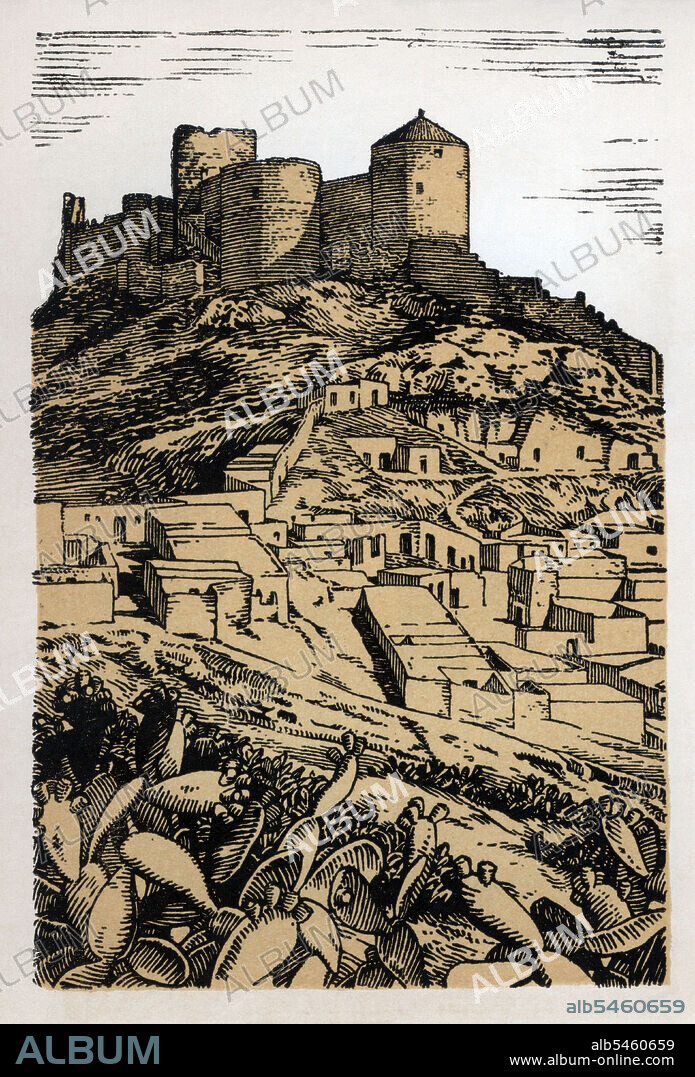 Castillos de España. Alcazaba, castillo y murallas del Cerro de San Cristóbal de Almería de época bajomedieval cristiana (siglos XV-XVI). Grabado de 1924.