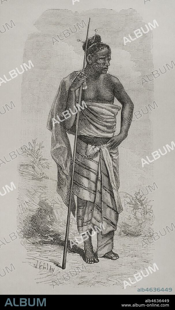 Historia de Africa. Siglo XIX. Hombre de la tribu Bateke (cuenca del Alto Alima). Grabado. El Congo y la Creación del Estado Independiente de este nombre. Historia de los Trabajos y Exploraciones Verificados, por Enrique M. Stanley. Editada en Barcelona, hacia 1890. España.